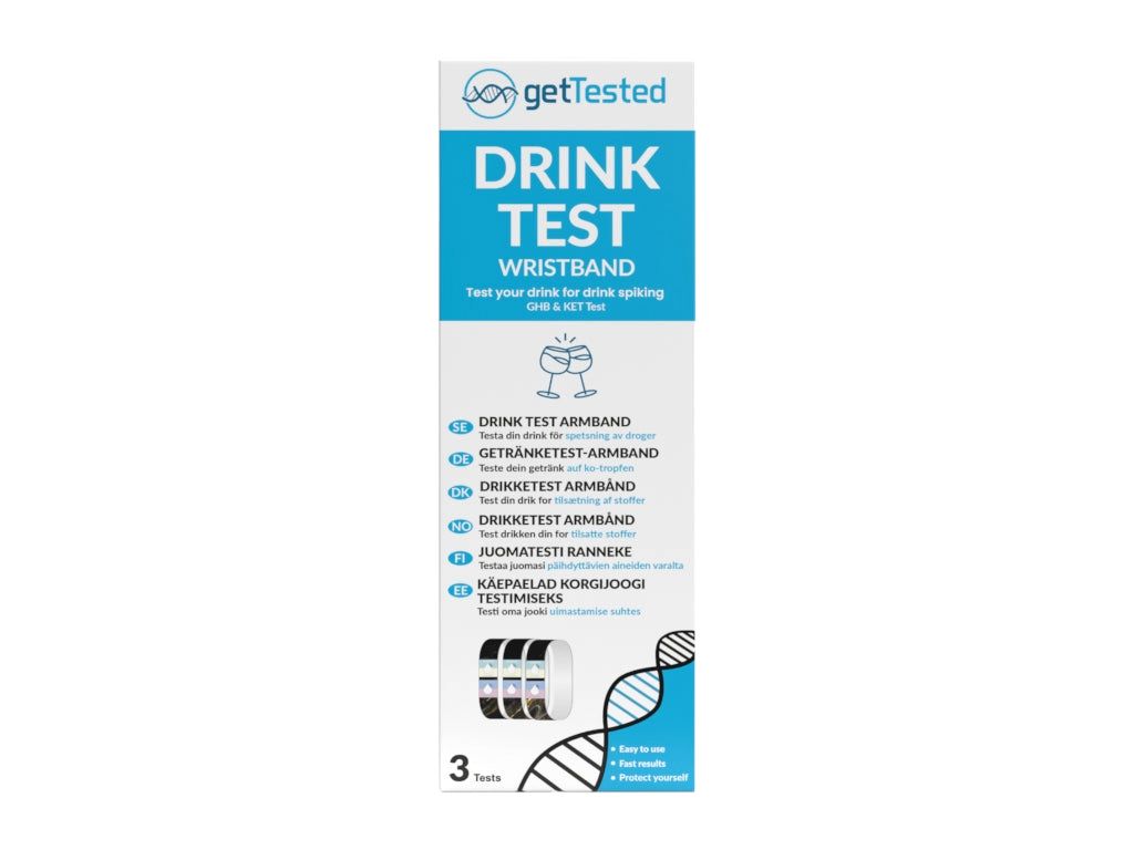 Verpackung für GetTested Getränketest-Armband. Enthält 3 Tests. Mit Produktnamen, Illustrationen und Informationen zur Anwendung.
