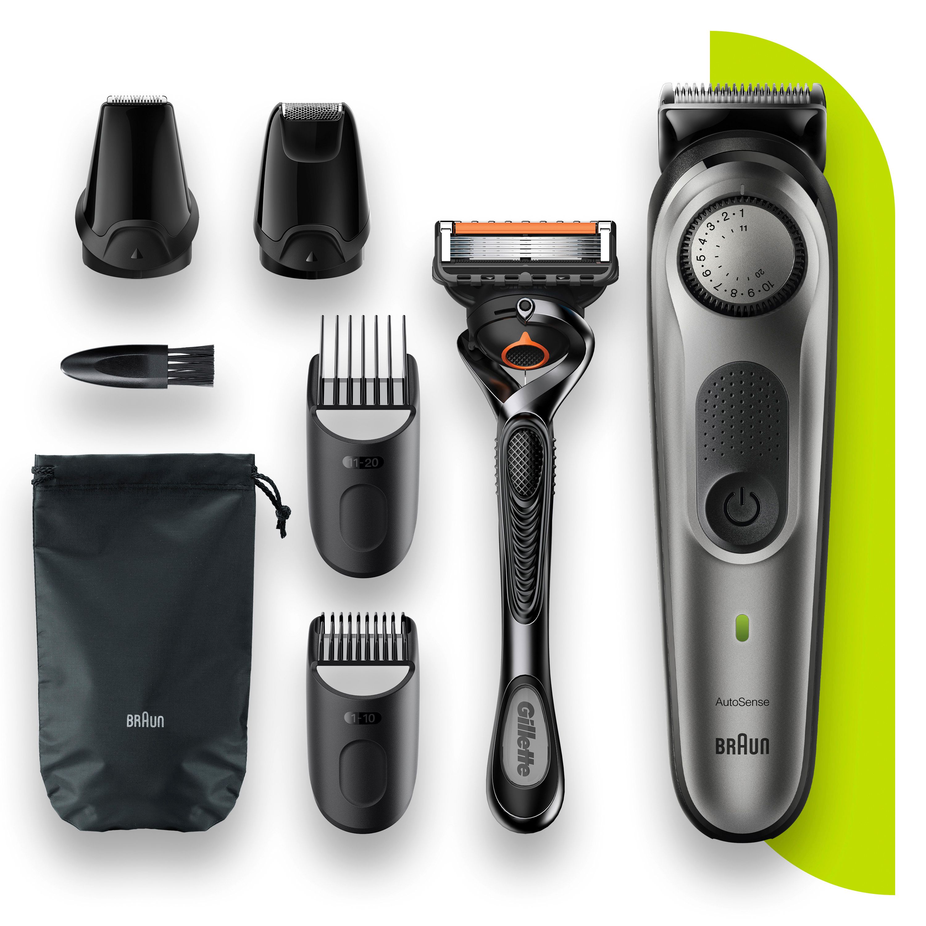 Barttrimmer und Zubehör, angeordnet. Trimmer, Rasierer, Aufsätze, Reinigungsbürste, Beutel. Silber-schwarz. Braun-Logo.