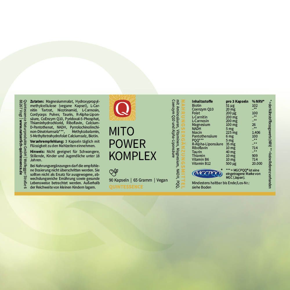 Verpackungsrückseite Mito Power Komplex Kapseln: Zutatenliste, Nährwertangaben pro 3 Kapseln, 90 Kapseln | 65 Gramm | Vegan.