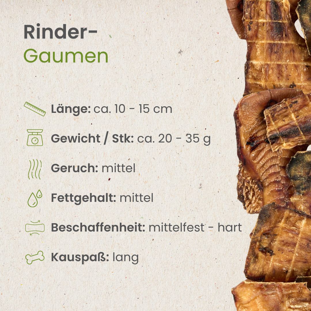 Getrocknete Rindergaumenstücke, Länge 10-15 cm, Gewicht 20-35 g.