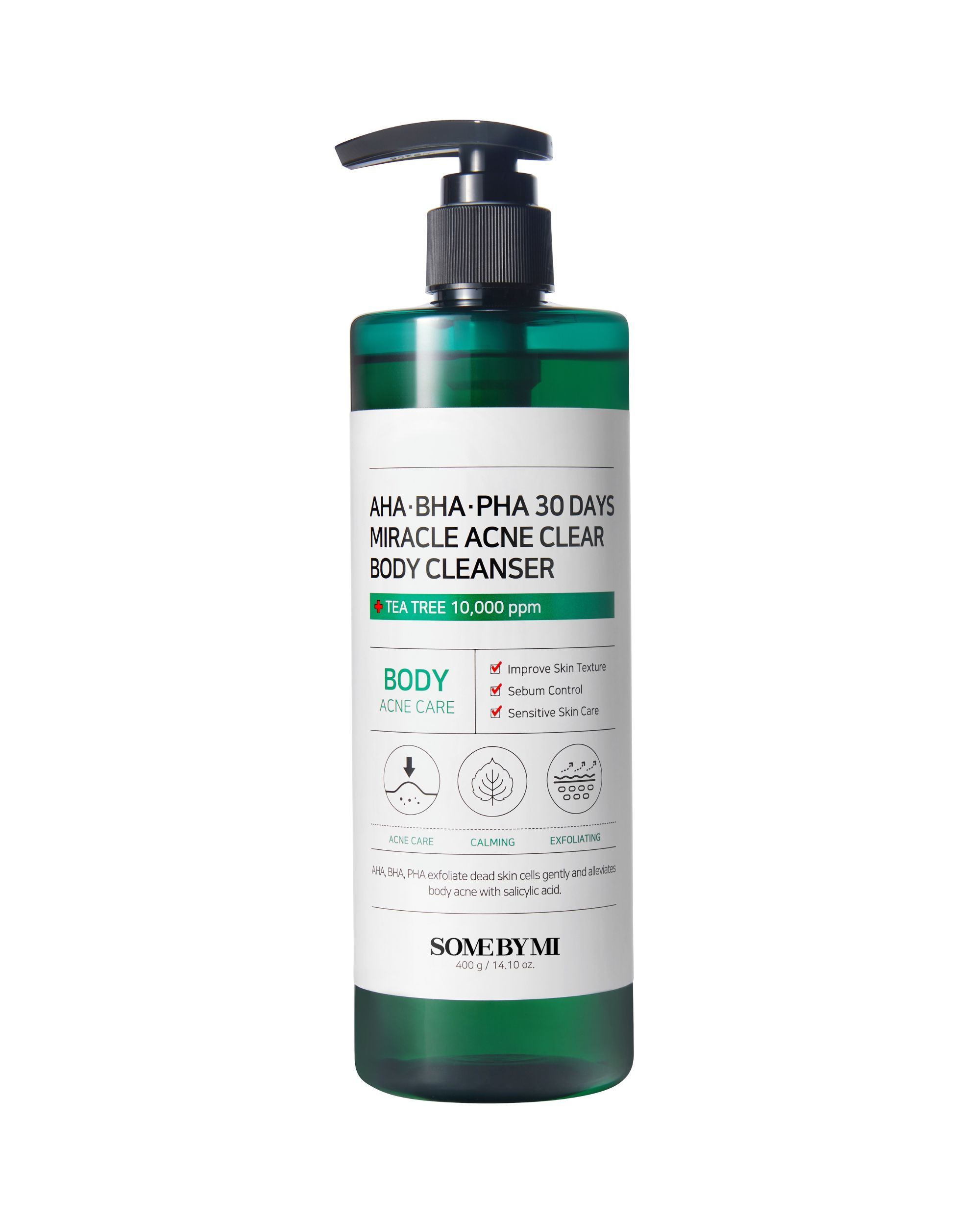 Grüne Flasche mit schwarzem Pumpkopf. Aufschrift: AHA-BHA-PHA 30 DAYS MIRACLE ACNE CLEAR BODY CLEANSER. Marke: SOMEBYMI.