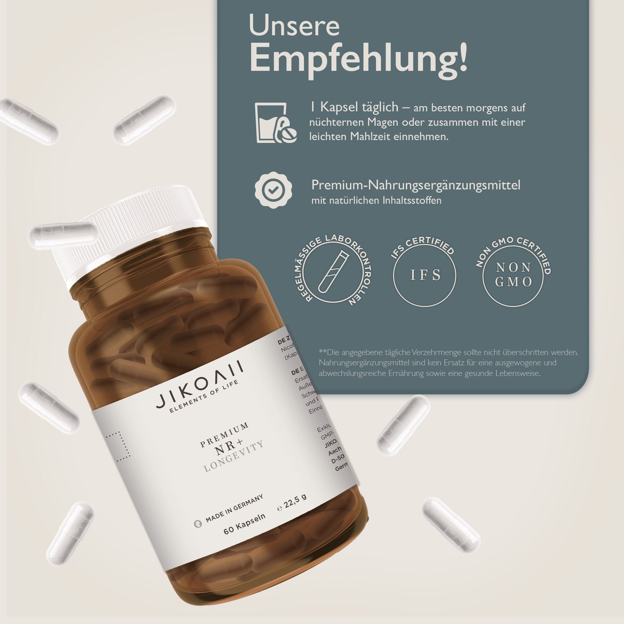 Braune Flasche mit Kapseln und verstreuten Kapseln. Text: JIKOAII, Premium NR+, 60 Kapseln, 22,5 g. Text über Nahrungsergänzungsmittel. IFS und Non-GMO Zertifizierung.