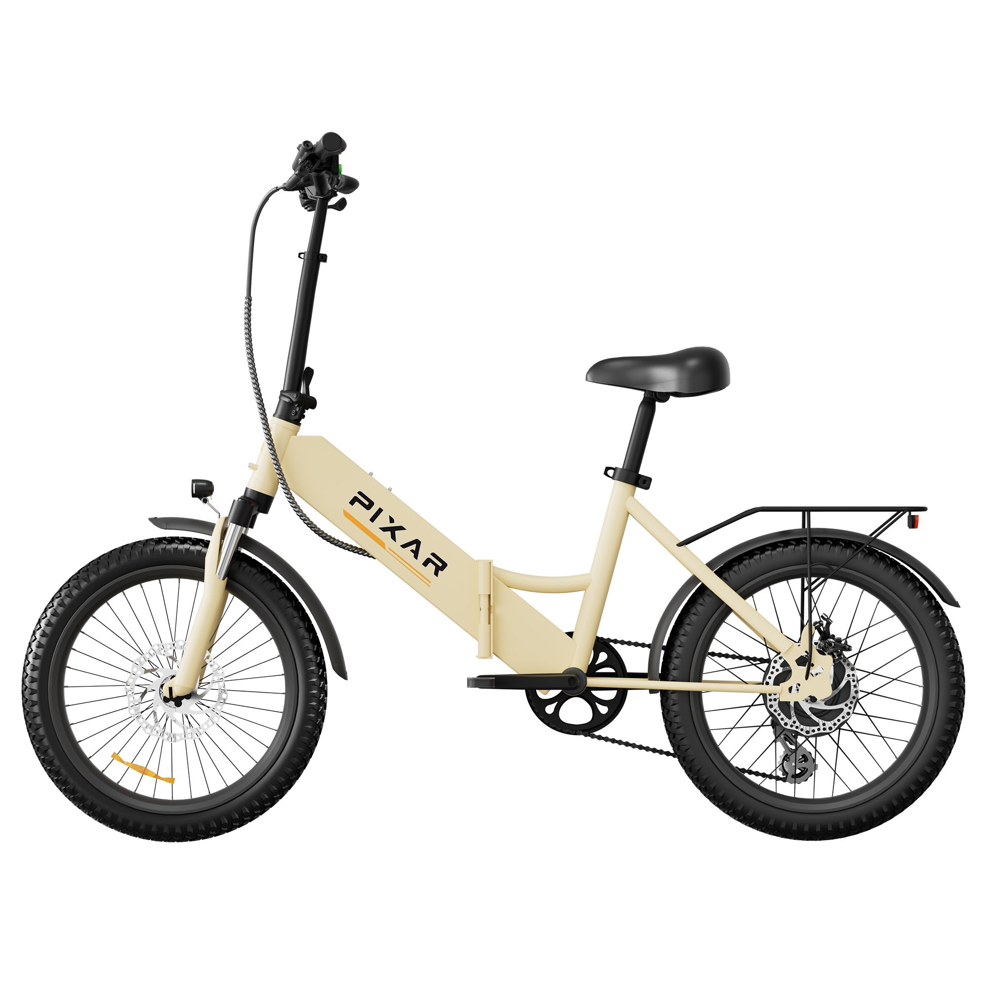 Beige Elektrofahrrad mit schwarzem Sattel, Gepäckträger und PIXAR-Logo. Schwarze Reifen und Schutzbleche.