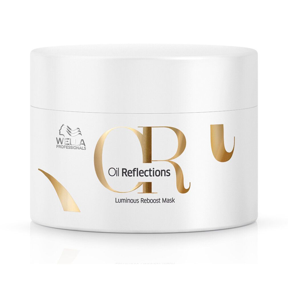 Weiße Dose mit goldfarbenem Schriftzug "Oil Reflections". Aufschrift: "Luminous Reboost Mask". Marke: Wella.