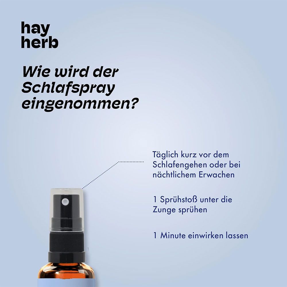 Produktflasche mit Sprühkopf. Aufschrift: hay herb, Melatonin Schlaf Spray. Text: Wie wird der Schlafspray eingenommen? Informationen.