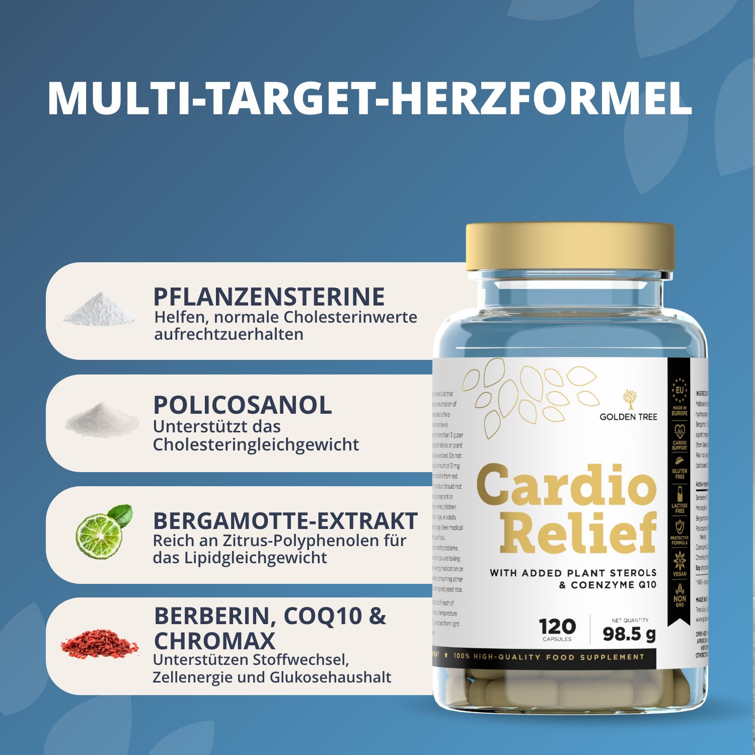 Flasche Golden Tree Cardio Relief mit Informationen zu Pflanzensterinen, Policosanol, Bergamotte-Extrakt und Berberin.