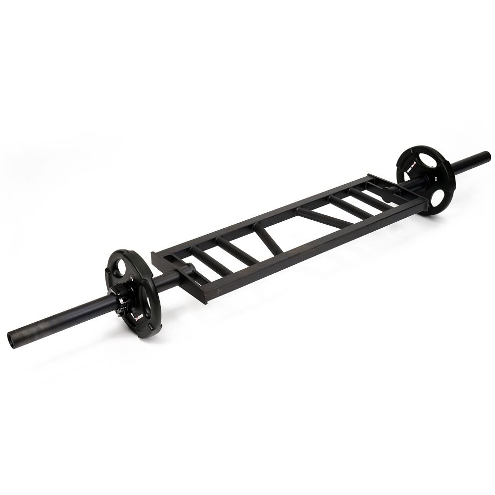 Schwarze Langhantelstange mit mehreren Griffen und Gewichtsscheiben. Perspektivische Ansicht.