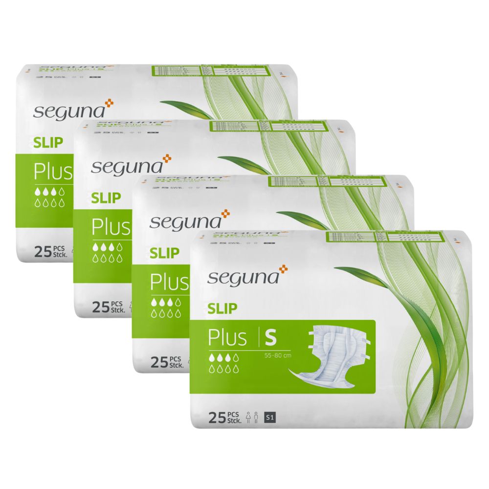 Vier Packungen SEGUNA Slip Plus. Verpackung mit Produktabbildung und grünen Blättern. Text in deutscher Sprache.