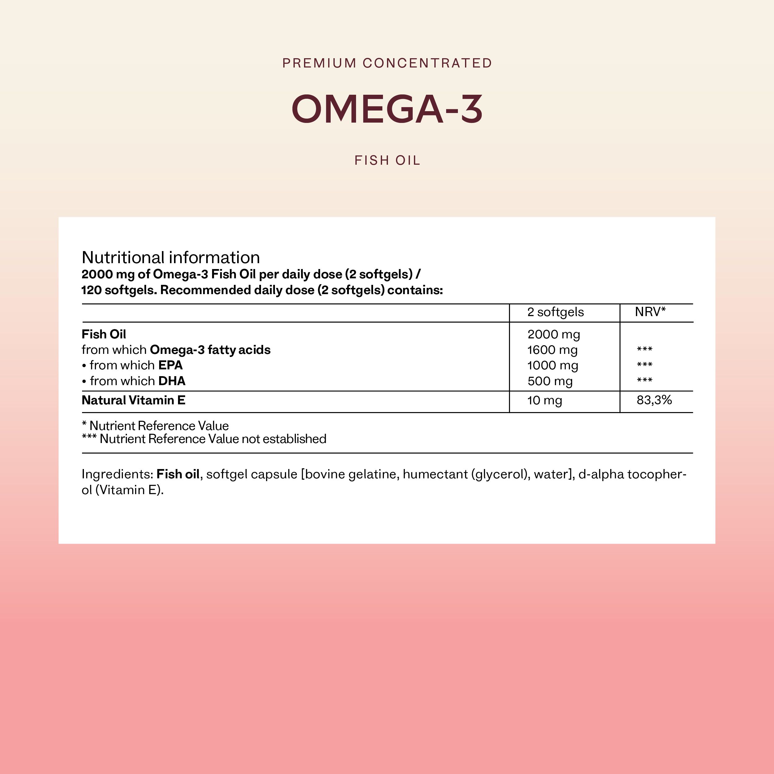 Nährwertangaben für Omega-3 Fischöl. Enthält Omega-3-Fettsäuren, EPA, DHA und Vitamin E. 120 Softgels.