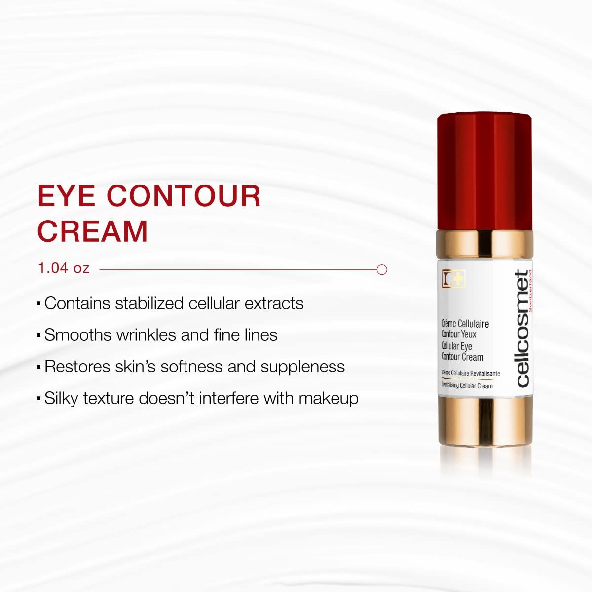 Cellcosmet Eye Contour Cream, 1.04 oz. Rote Kappe, goldener Ring, weißer Behälter. Text: Eye Contour Cream, Inhaltsstoffe.