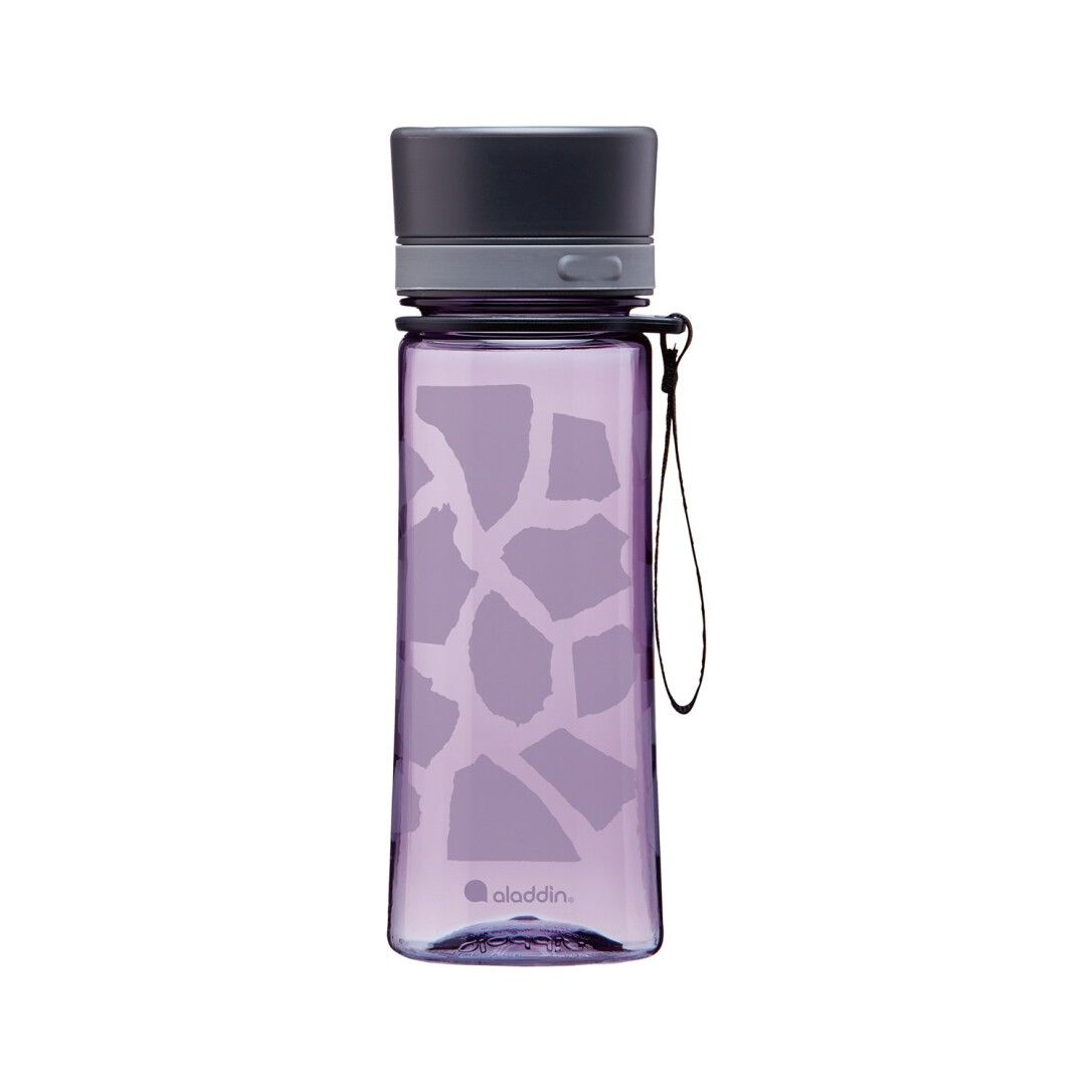 Violette Aladdin Aveo Wasserflasche mit grauem Deckel und Trageschlaufe. Muster aus helleren Formen. Markenlogo unten.