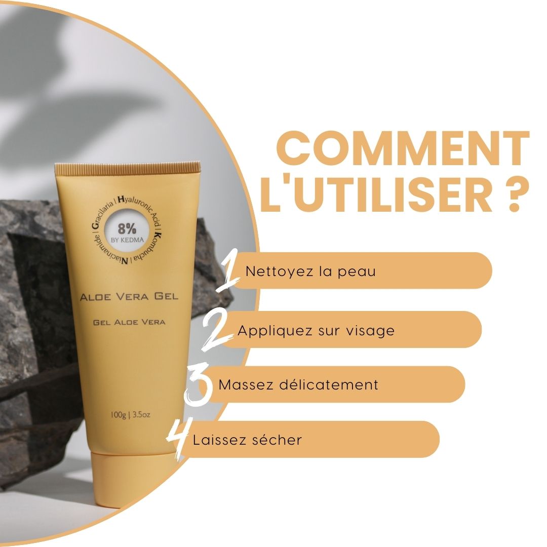 Tube beige de gel d'aloe vera, texte. Application : nettoyer la peau, appliquer, masser, laisser sécher. 8% by Kedma.