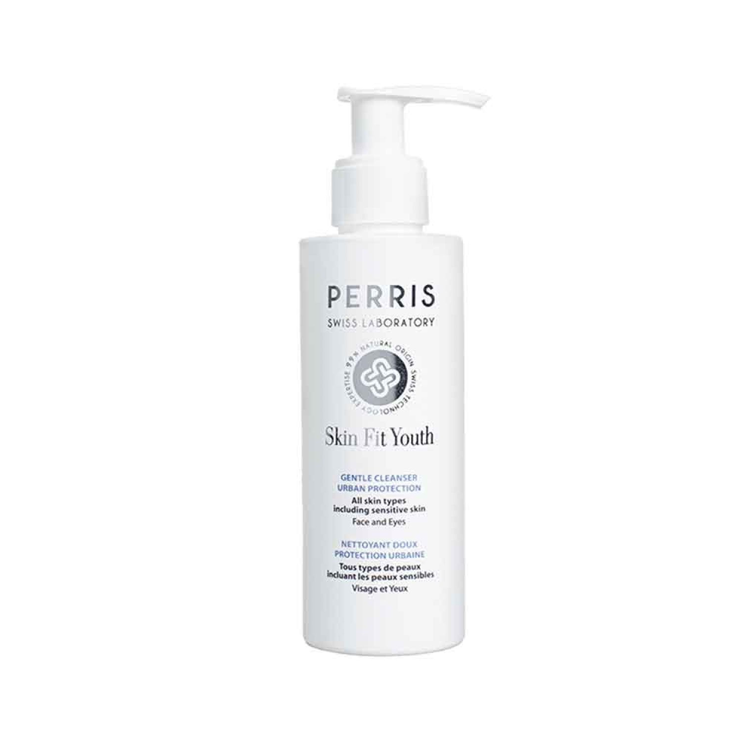 Weiße Flasche mit Pumpe. Aufschrift: Perris Swiss Laboratory, Skin Fit Youth, Gentle Cleanser, Urban Protection.