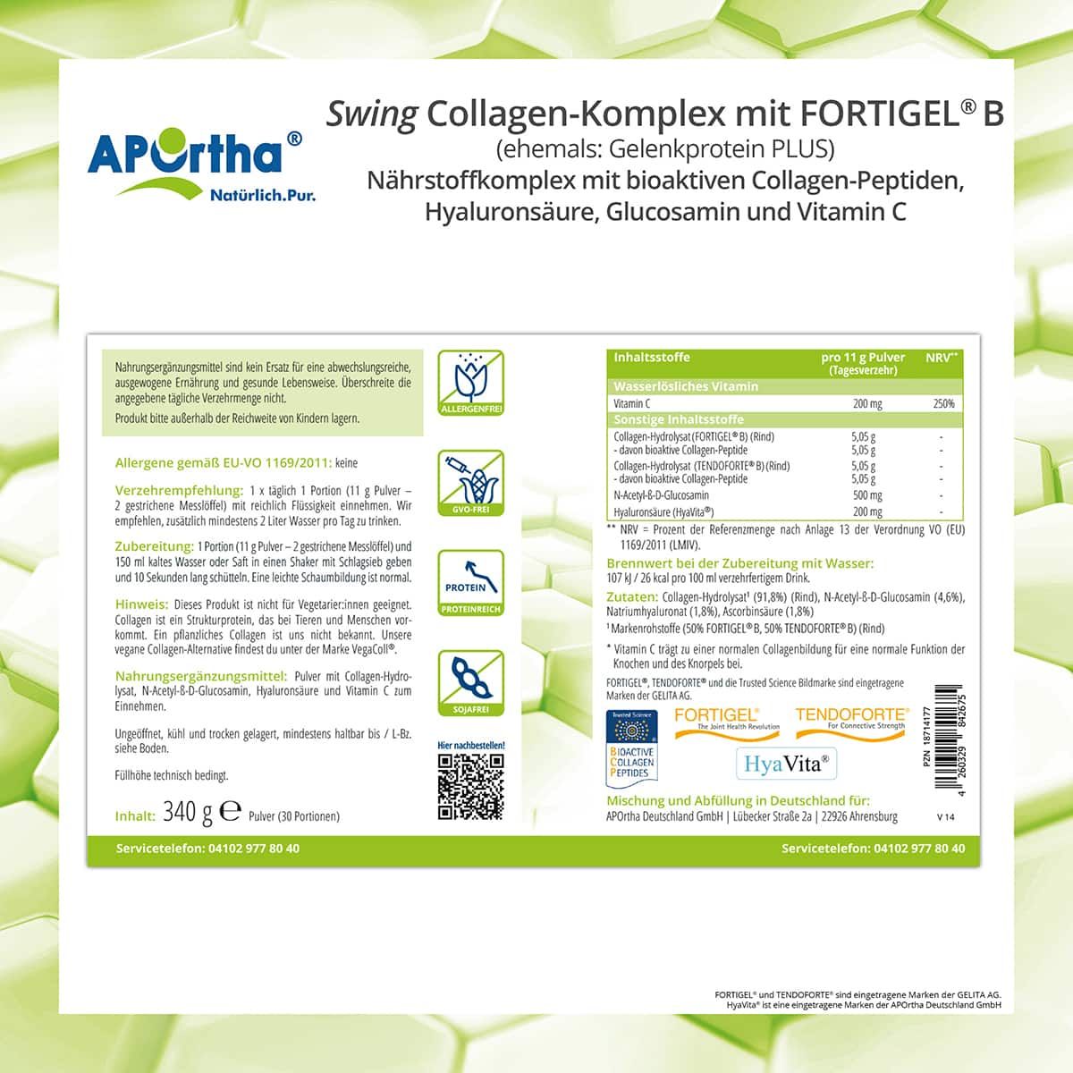 Rückseite der Verpackung. Informationen zu Inhaltsstoffen, Nährwerten, Anwendung, Allergenen, Hersteller. Mit QR-Code und Logos.