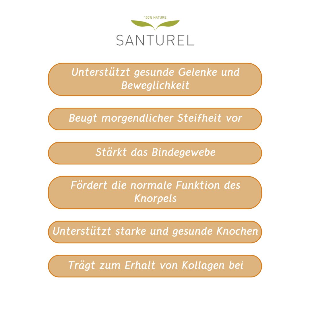 Textfelder: Unterstützt Gelenke, beugt Steifheit vor, stärkt Bindegewebe, fördert Knorpel, unterstützt Knochen, erhält Kollagen.