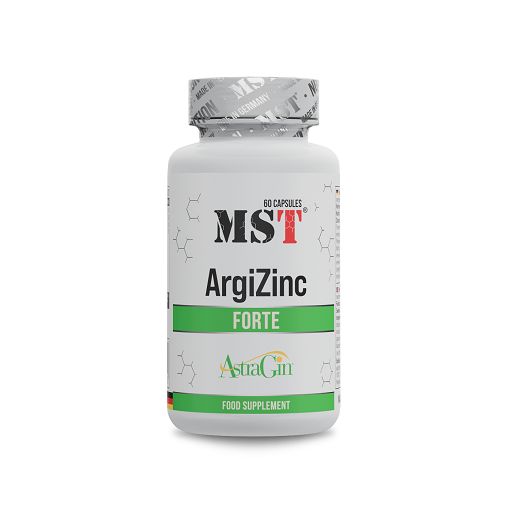 Weiße Flasche mit rotem und grünem Etikett. Aufschrift: MST ArgiZinc Forte, 60 Kapseln. AstraGin-Logo. Deckel mit MST-Logo.