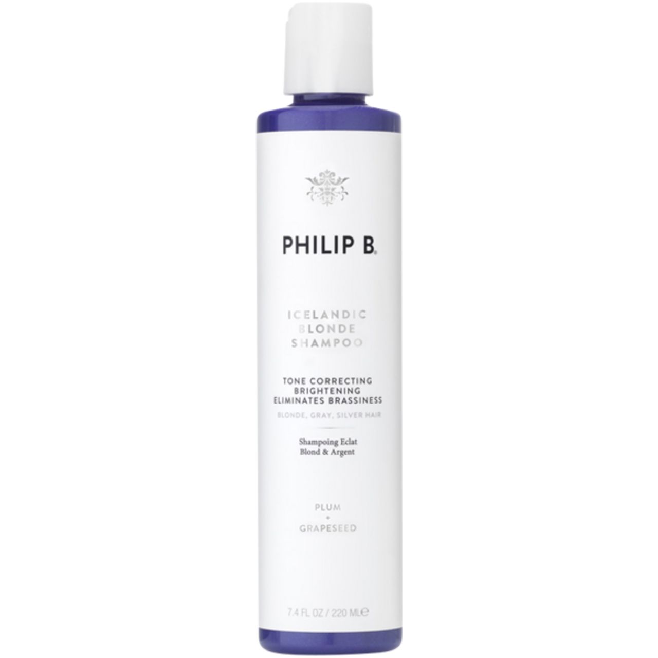 Flasche Philip B Icelandic Blonde Shampoo. Weißes Etikett, lila Akzente. Text: "Tone Correcting", "Eliminates Brassiness".