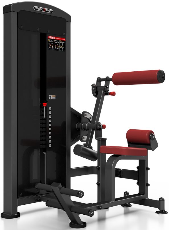 Kombimaschine Rückenstrecker & Bauch, schwarz-rot. Polsterung rot, Gestell schwarz. Marbo Sport Logo oben.