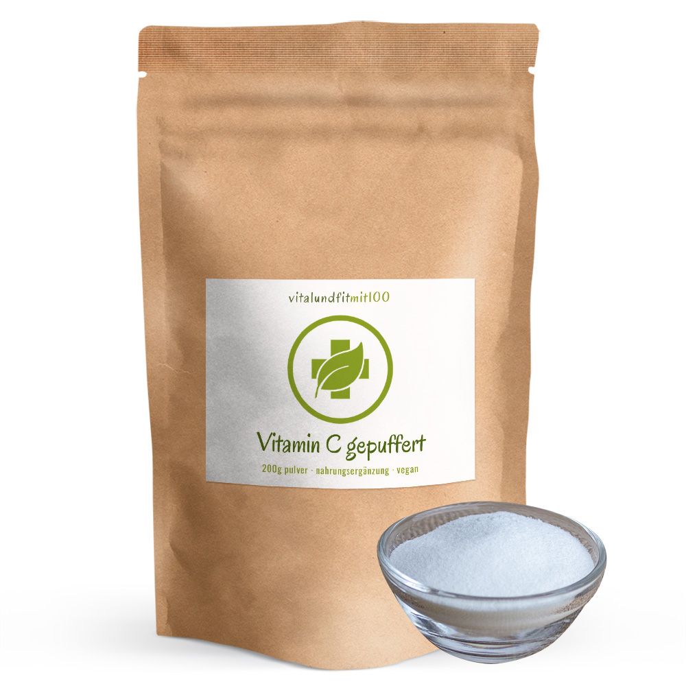 Braune Tüte mit weißem Etikett. Aufschrift: Vitamin C gepuffert. Schale mit weißem Pulver.