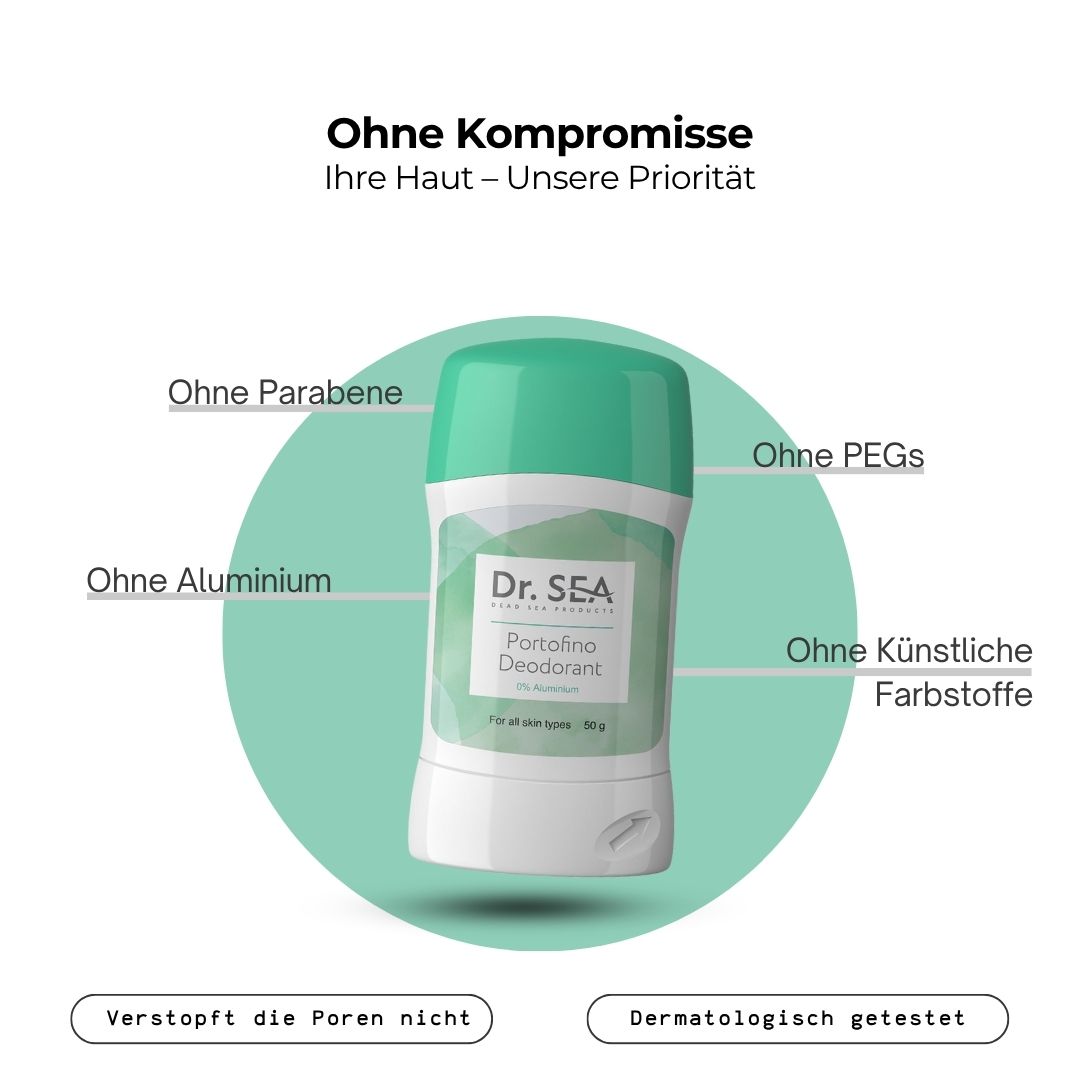 Deodorant-Stick mit Text: Ohne Kompromisse. Ohne Parabene, Aluminium, PEGs, künstliche Farbstoffe. Dermatologisch getestet. Verstopft die Poren nicht.