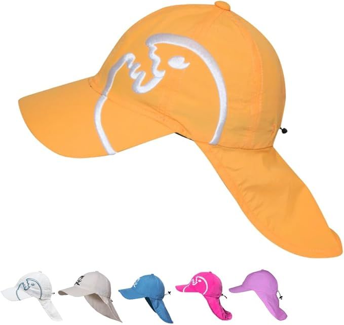 Gelbe Cap mit Nackenschutz. Weißes Logo auf der Vorderseite. Mehrere Caps in verschiedenen Farben unten.