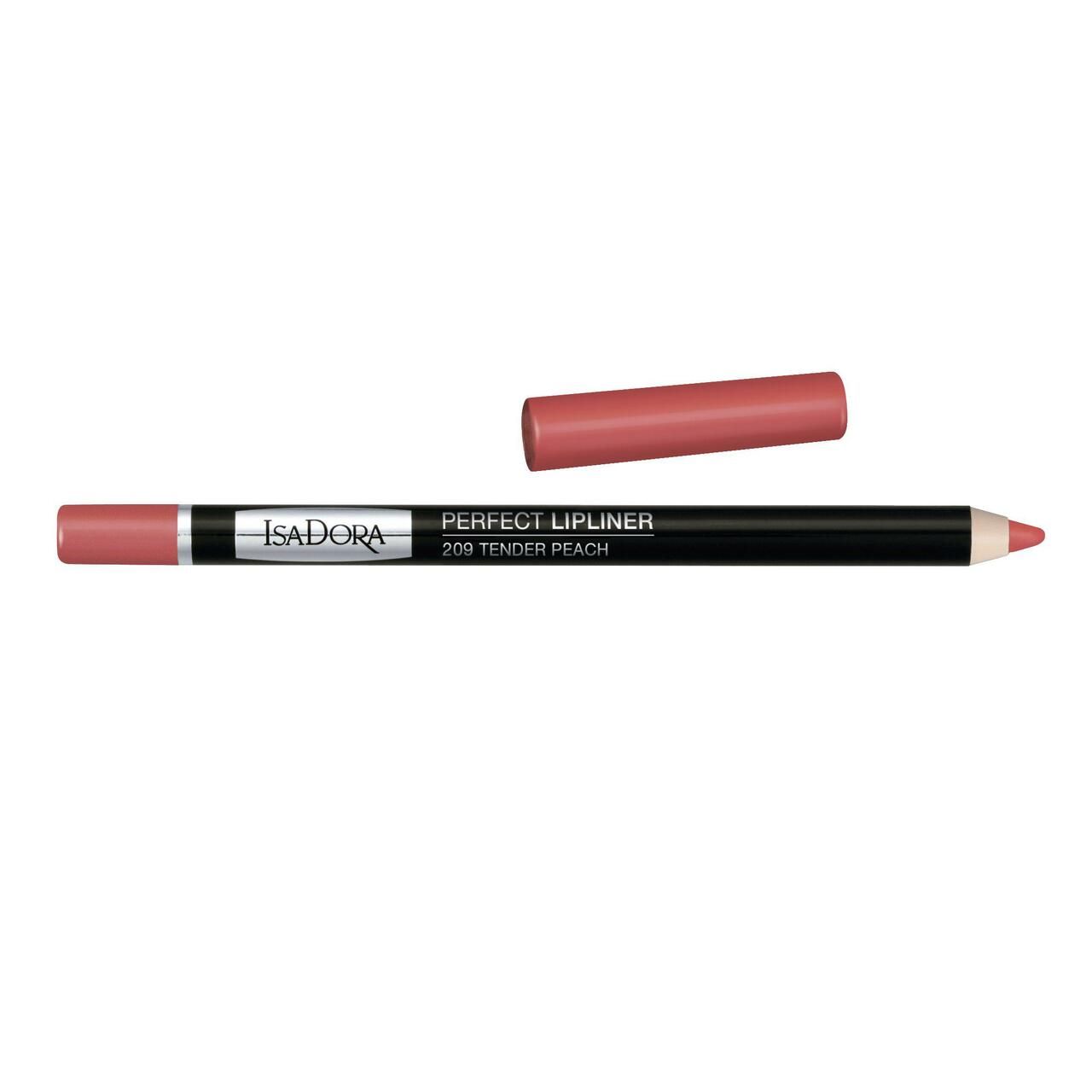 Lippenstift, schwarz, mit rosafarbenem Stift und Kappe. Aufschrift: IsaDora, Perfect Lipliner, 209 Tender Peach.
