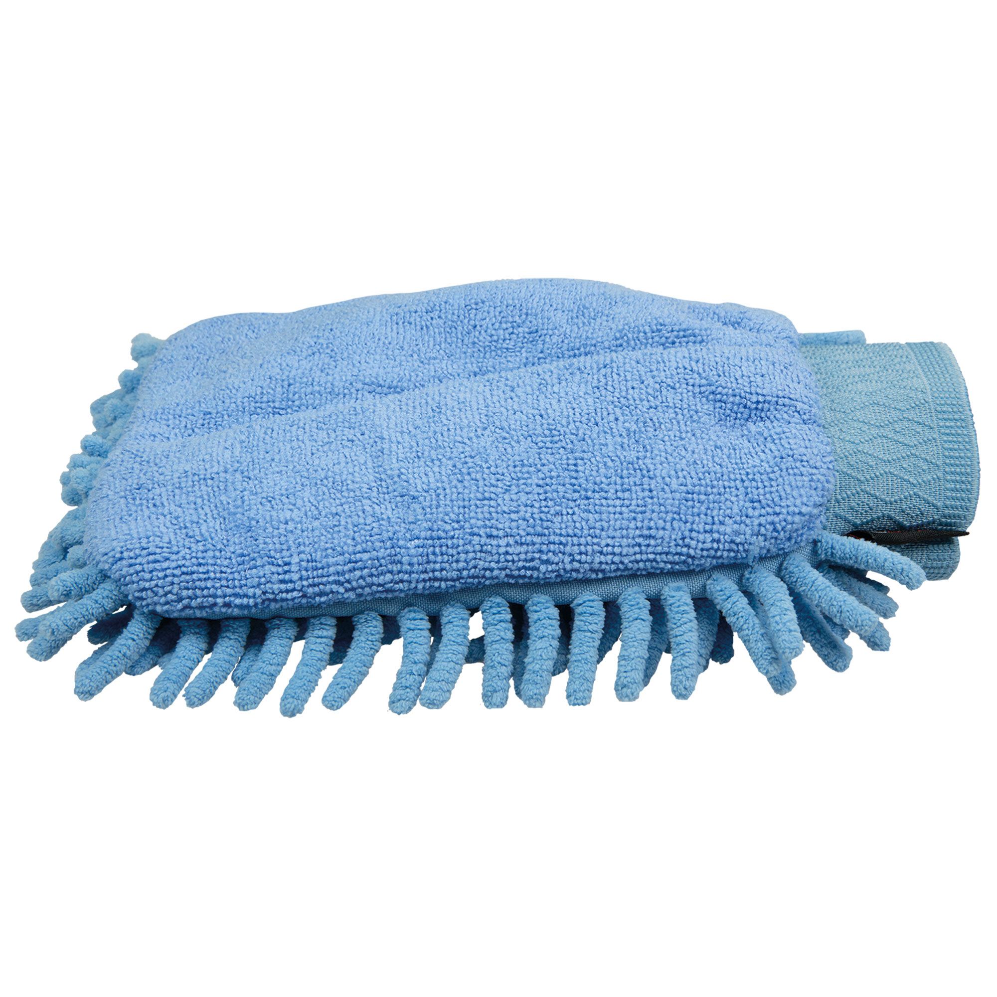Hellblauer Waschhandschuh aus Mikrofaser mit Fransen und Manschette. Der Handschuh liegt flach.