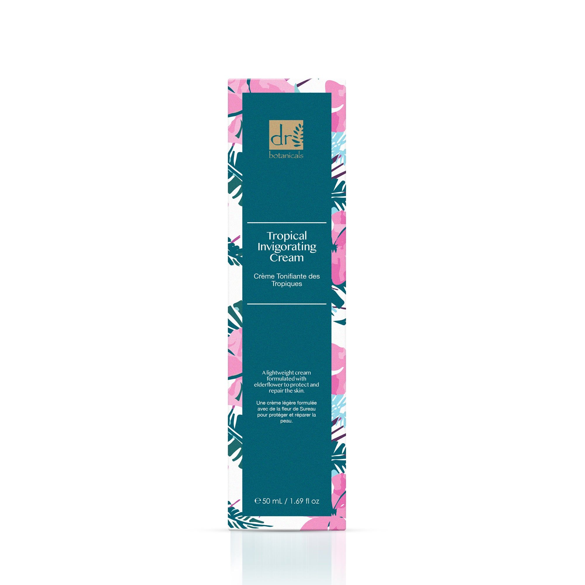 Verpackung der Creme. Aufschrift: Dr Botanicals Tropical Invigorating Cream. Floralmuster, 50 ml.