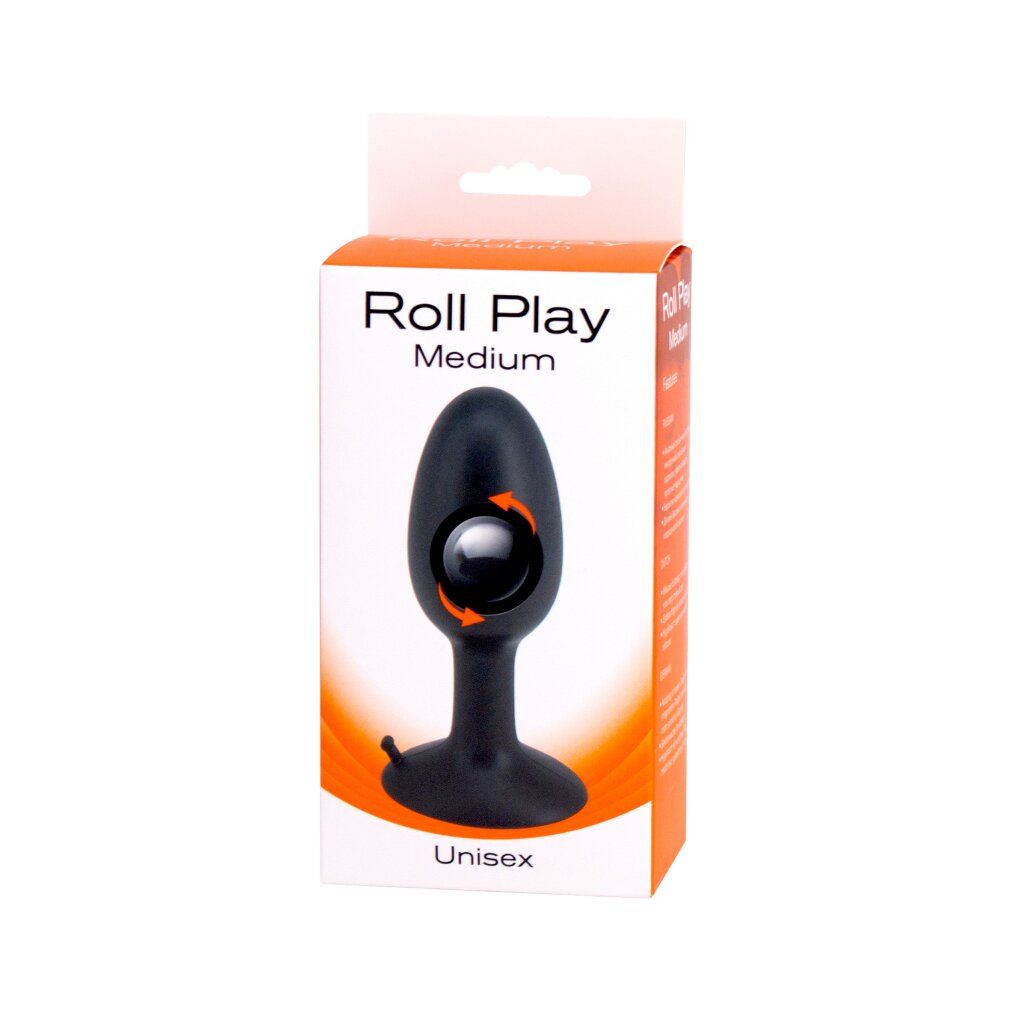 Verpackung für einen schwarzen Silikon-Plug, "Roll Play Medium" aufgedruckt.