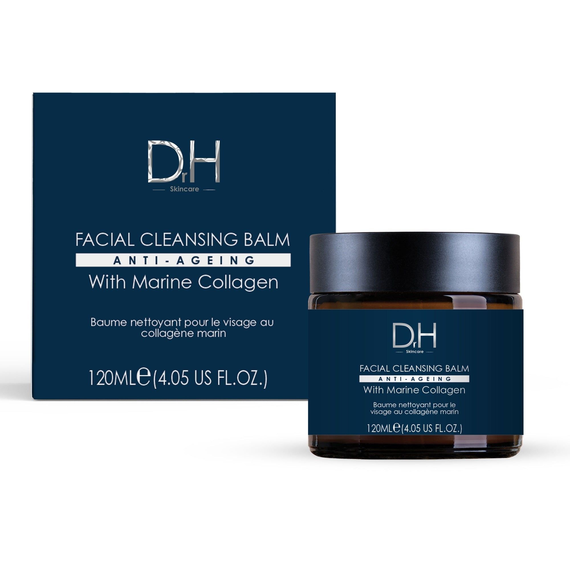 Ein Tiegel und eine Schachtel. Aufschrift: D.H. Facial Cleansing Balm Anti-Aging With Marine Collagen. Braunglas-Tiegel.