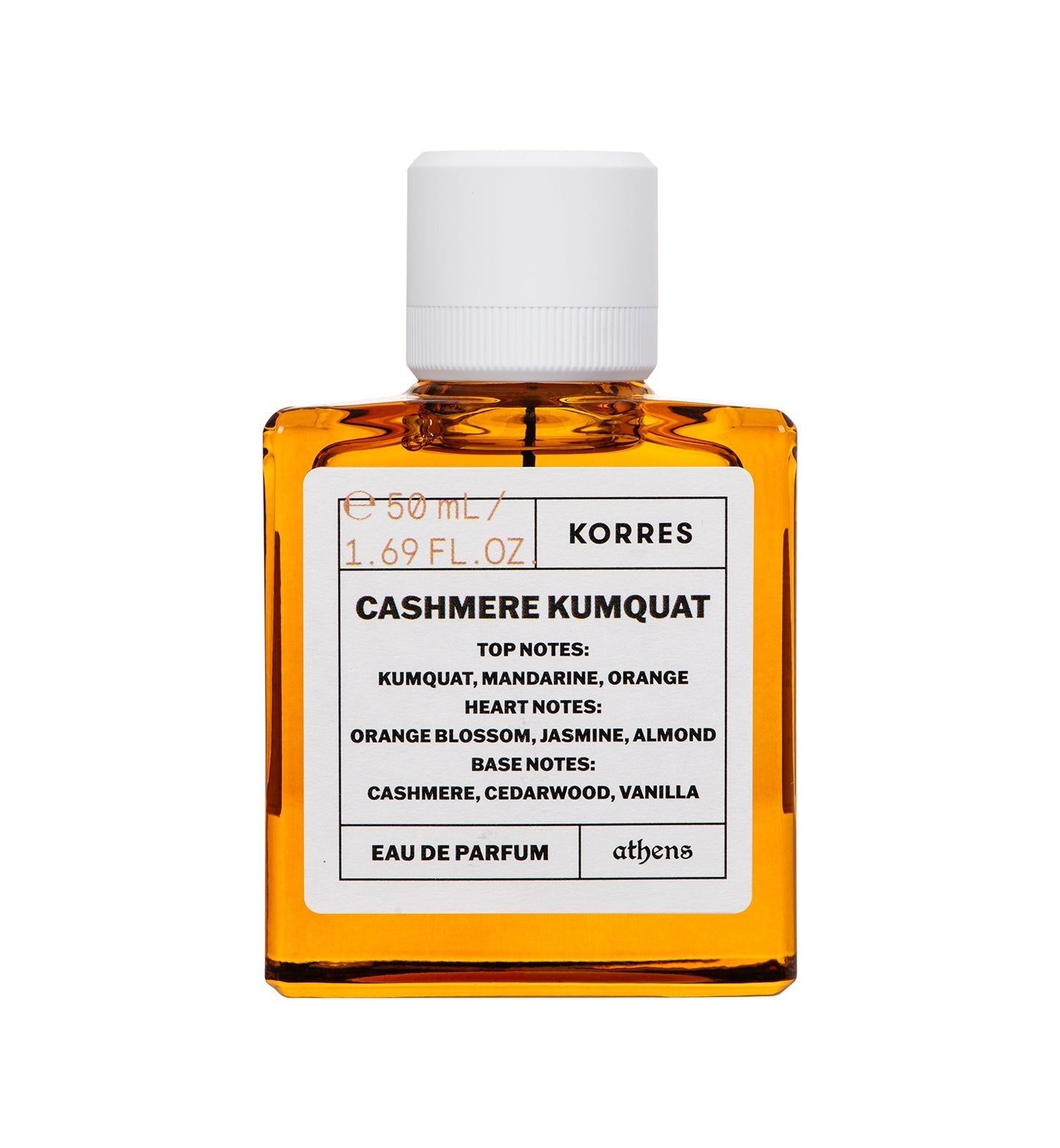 Quadratische Glasflasche mit weißem Deckel. Etikett: Cashmere Kumquat, Eau de Parfum, 1.69 FL.OZ./ 50 mL. KORRES.