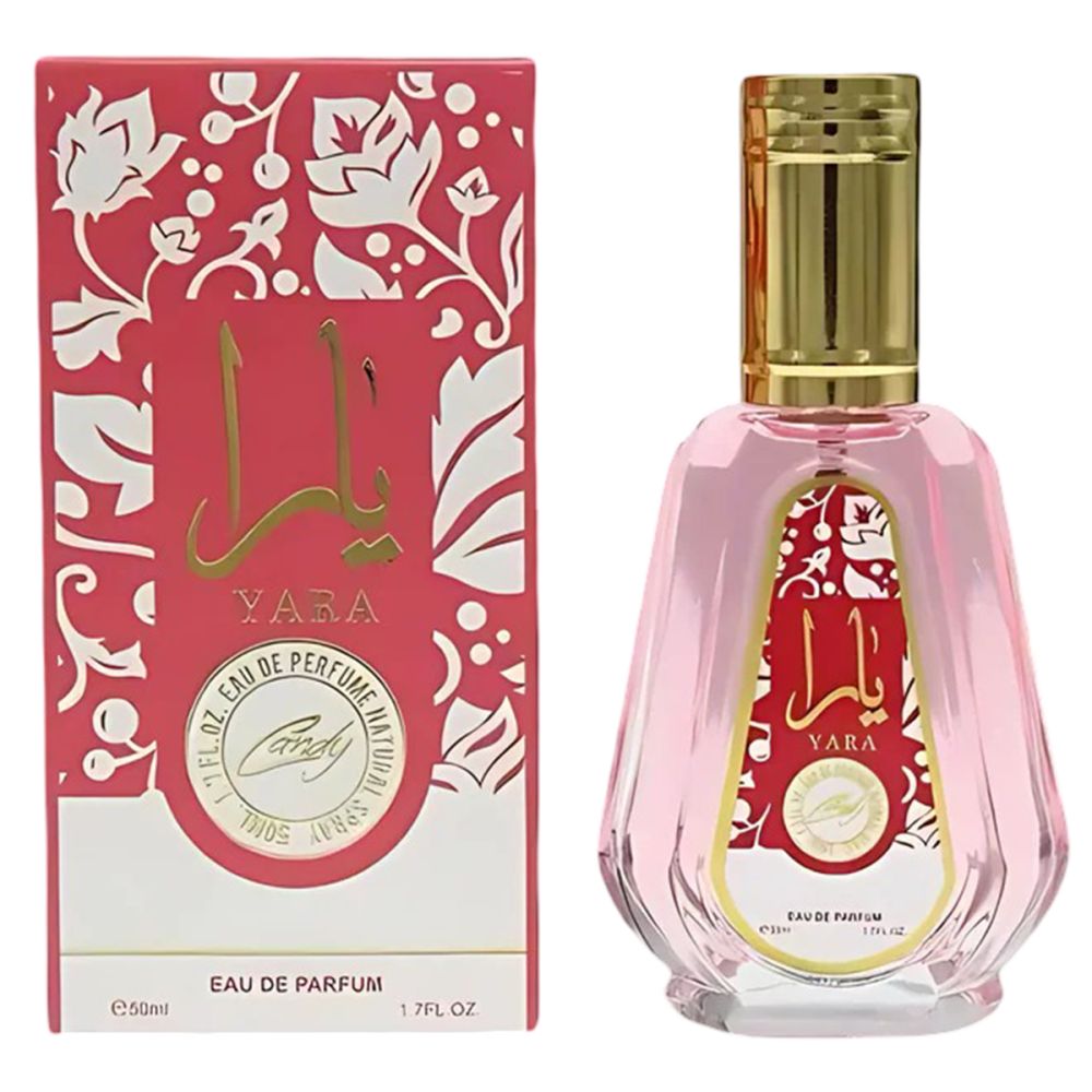 Rosa Parfümflasche mit goldfarbenem Deckel und roter Verpackung. Aufschrift "Yara" und "Candy".