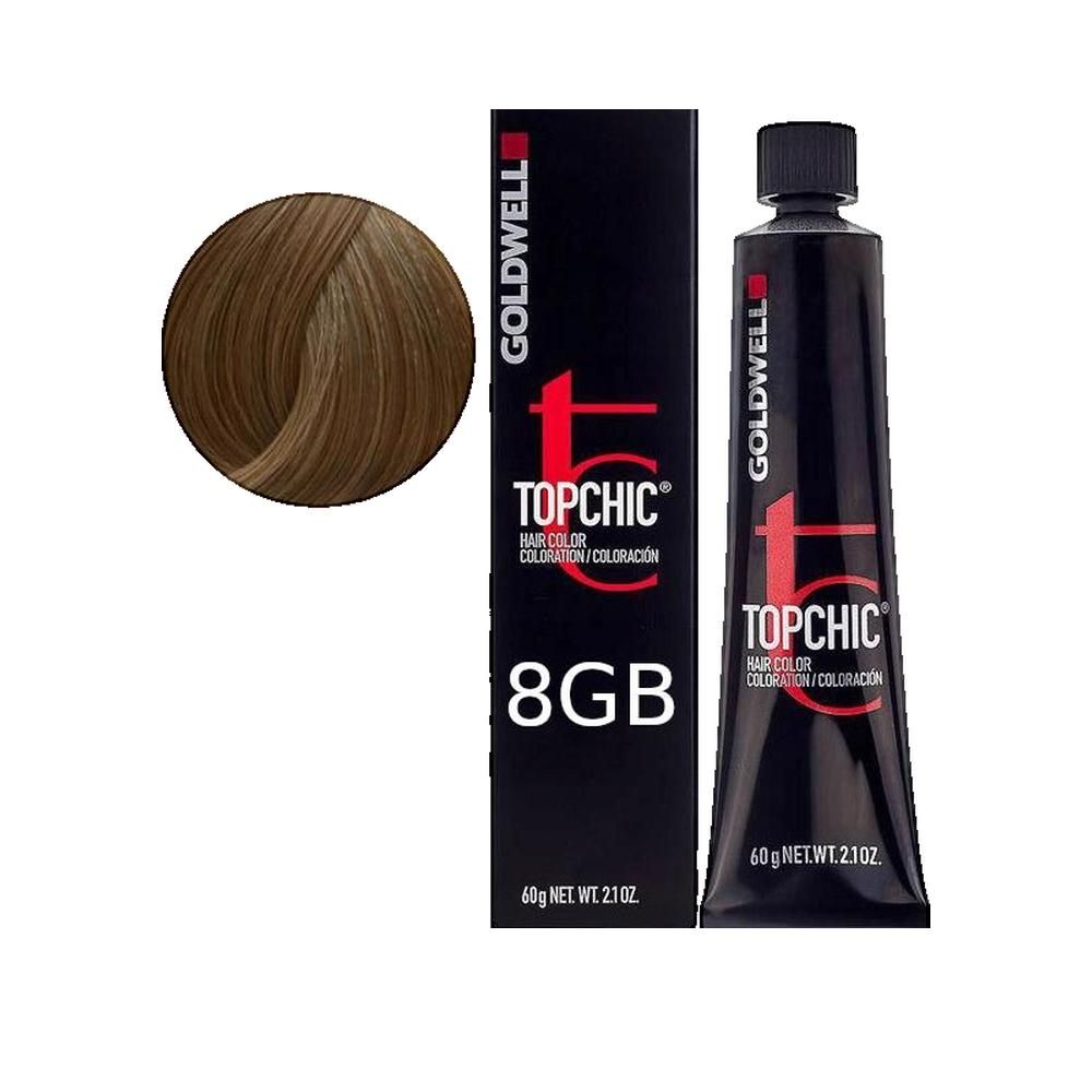 Goldwell Topchic Haarfarbe 8GB. Schwarze Tube und Schachtel. Farbkreis in Braun. Produktname und Farbcode deutlich sichtbar.