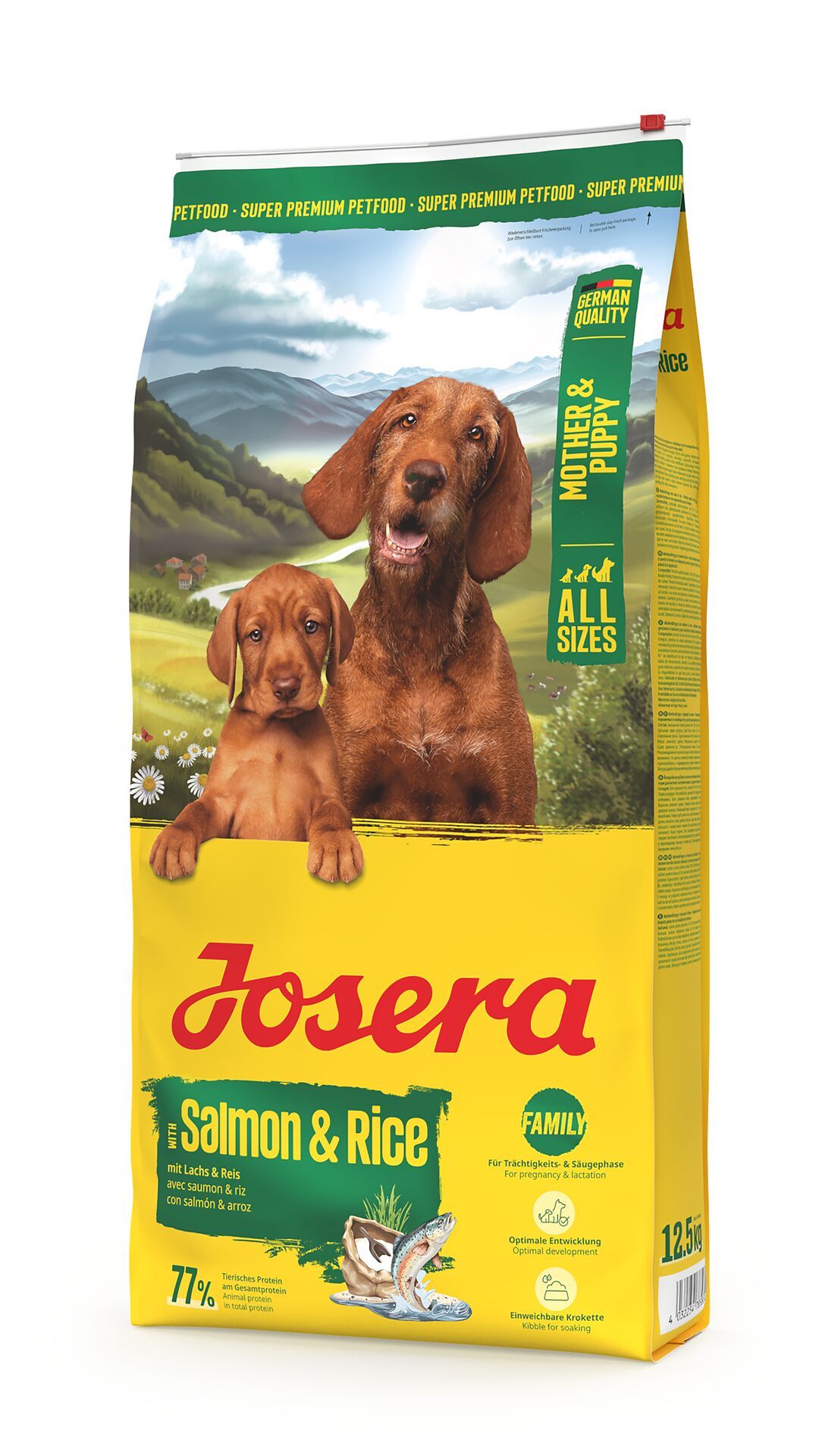 Verpackung JOSERA Mother & Puppy, mit Abbildung von Hunden. Text: Salmon & Rice, Mother & Puppy, German Quality, 12.5kg.