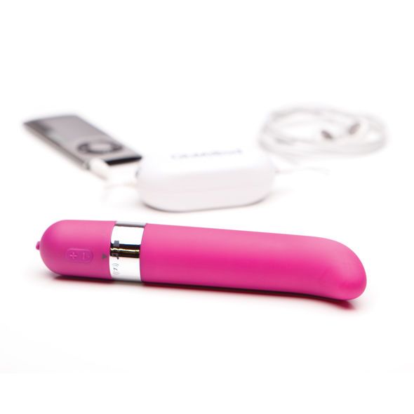 Pinkfarbener Vibrator mit silbernem Ring. Neben Zubehör: MP3-Player, Ladekabel und Ladegerät. Auf weißem Hintergrund.