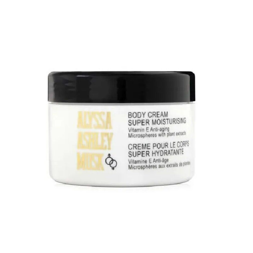 Weißer Tiegel mit schwarzem Deckel. Aufschrift: Body Cream, Super Moisturising, Vitamin E, Anti-Oxidant.