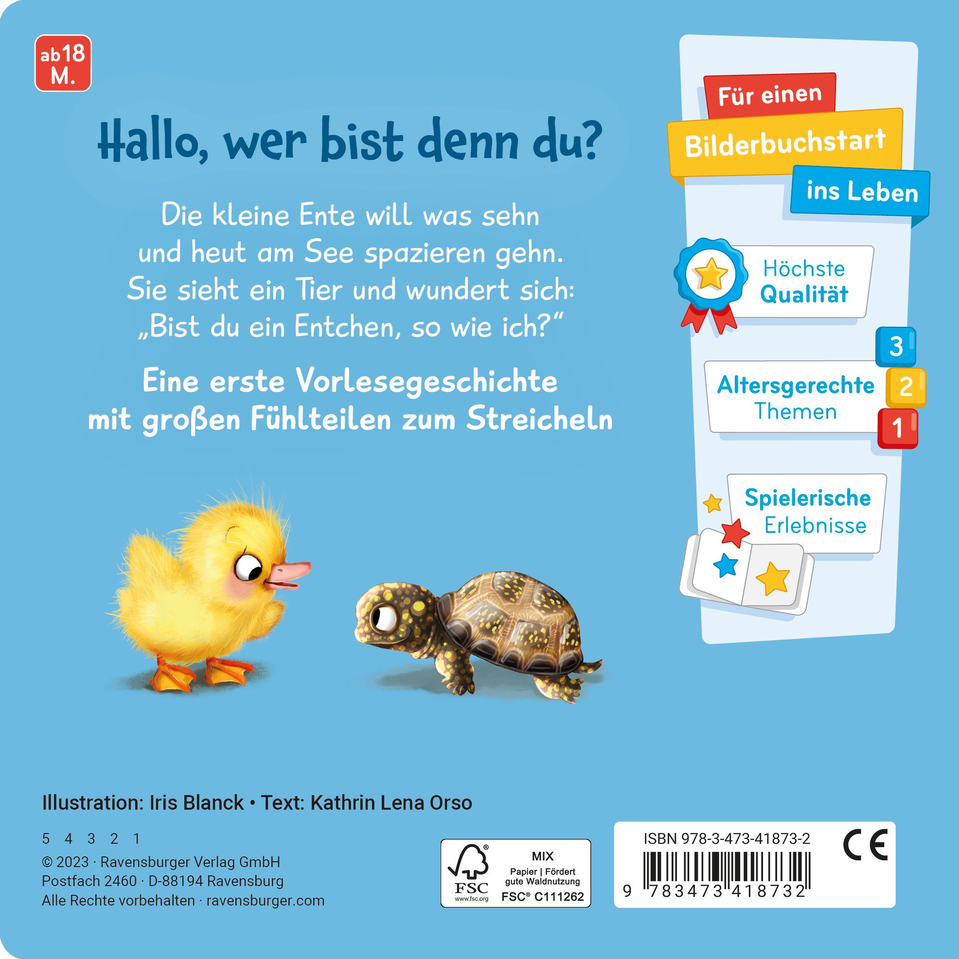 Rückseite des Buches mit Ente und Schildkröte. Text und Illustrationen. Titel: Mein erstes Vorlese-Fühlbuch.