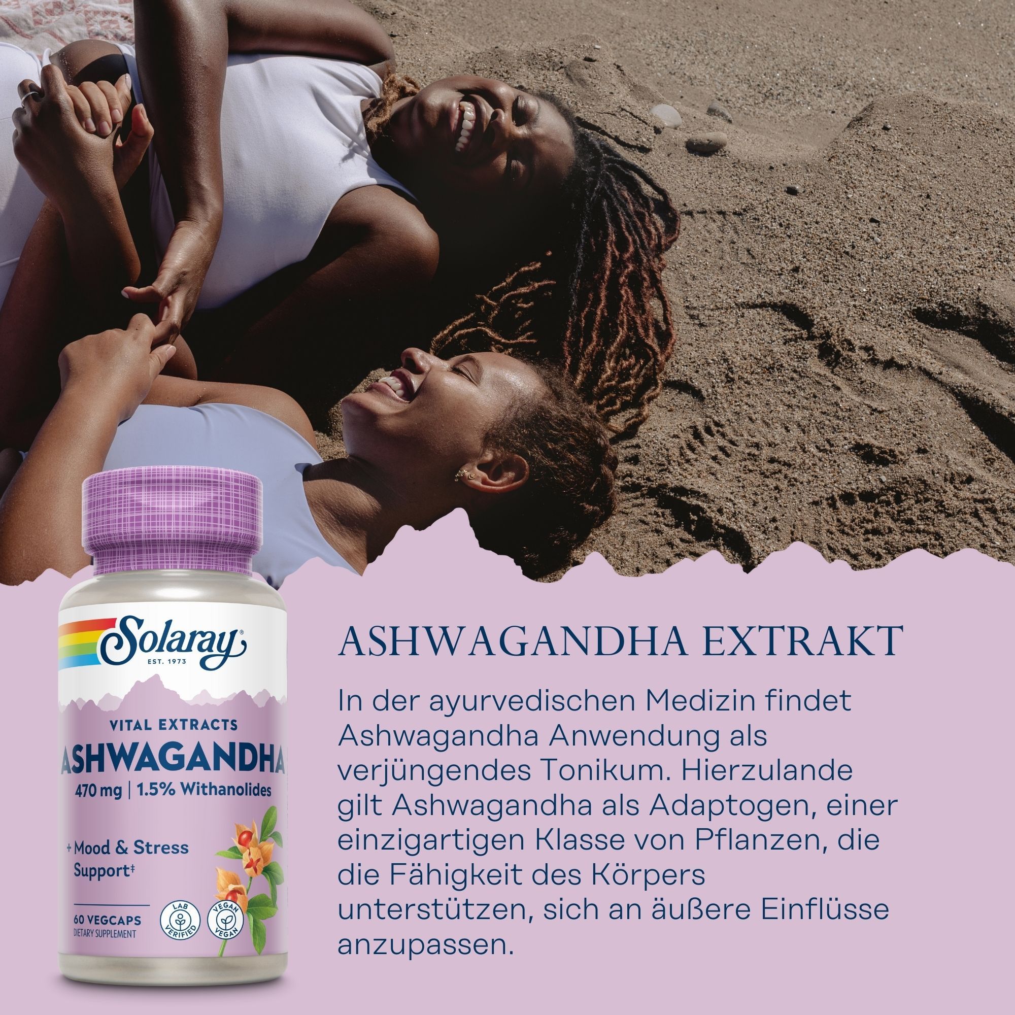 Solaray Ashwagandha Kapseln, 60 Vegcaps, mit 470mg Ashwagandha und 1.5% Withanoliden.