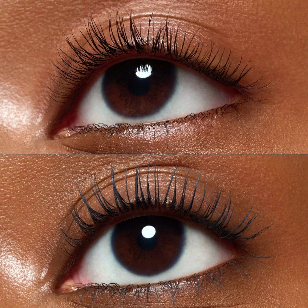 Augen mit Wimpern. Oben: ungeschminkte Wimpern. Unten: Wimpern mit Mascara.