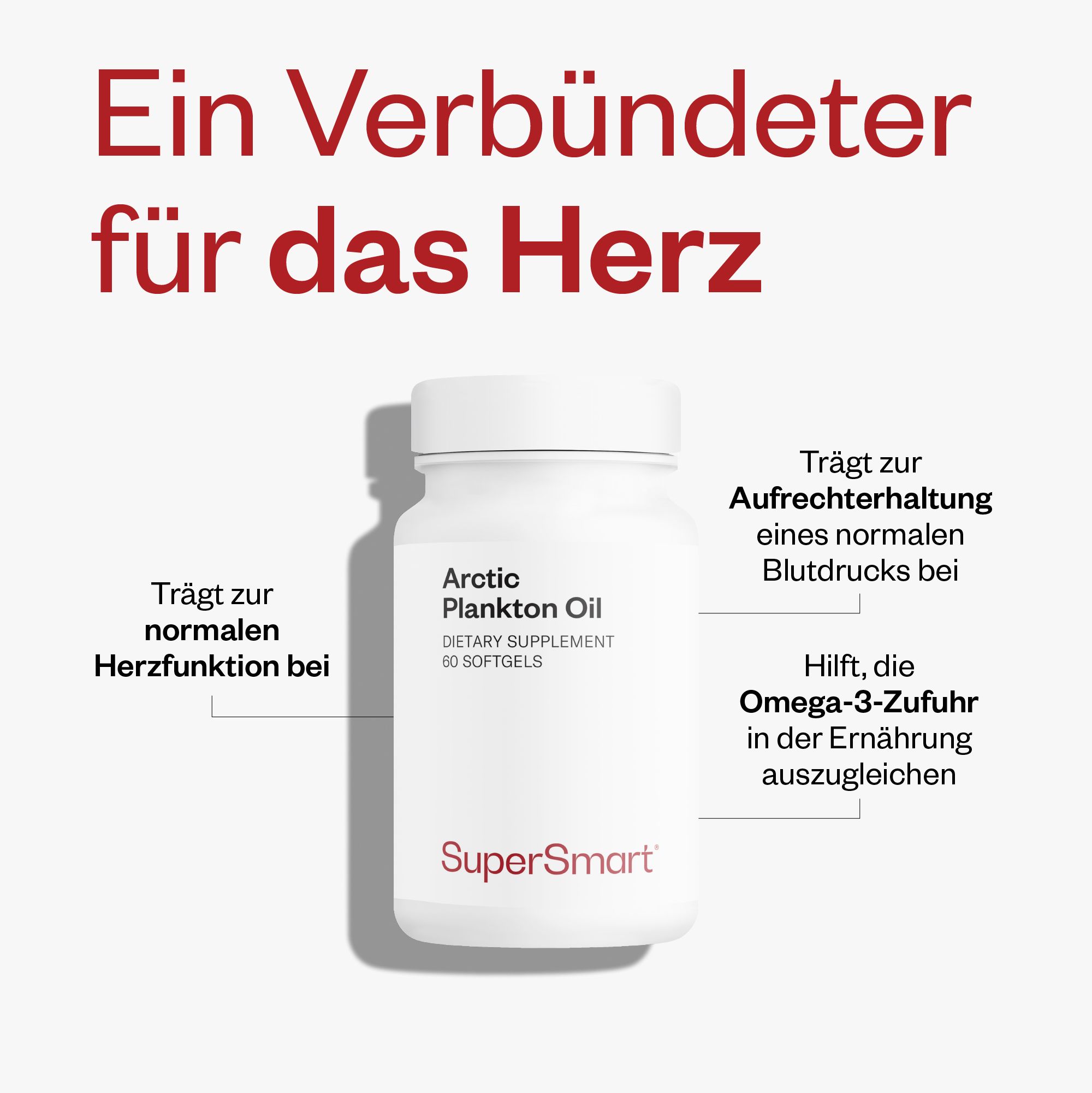 Weiße Flasche mit Kapseln. Produktname und Marke sind sichtbar. Text mit Informationen zur Herzgesundheit.