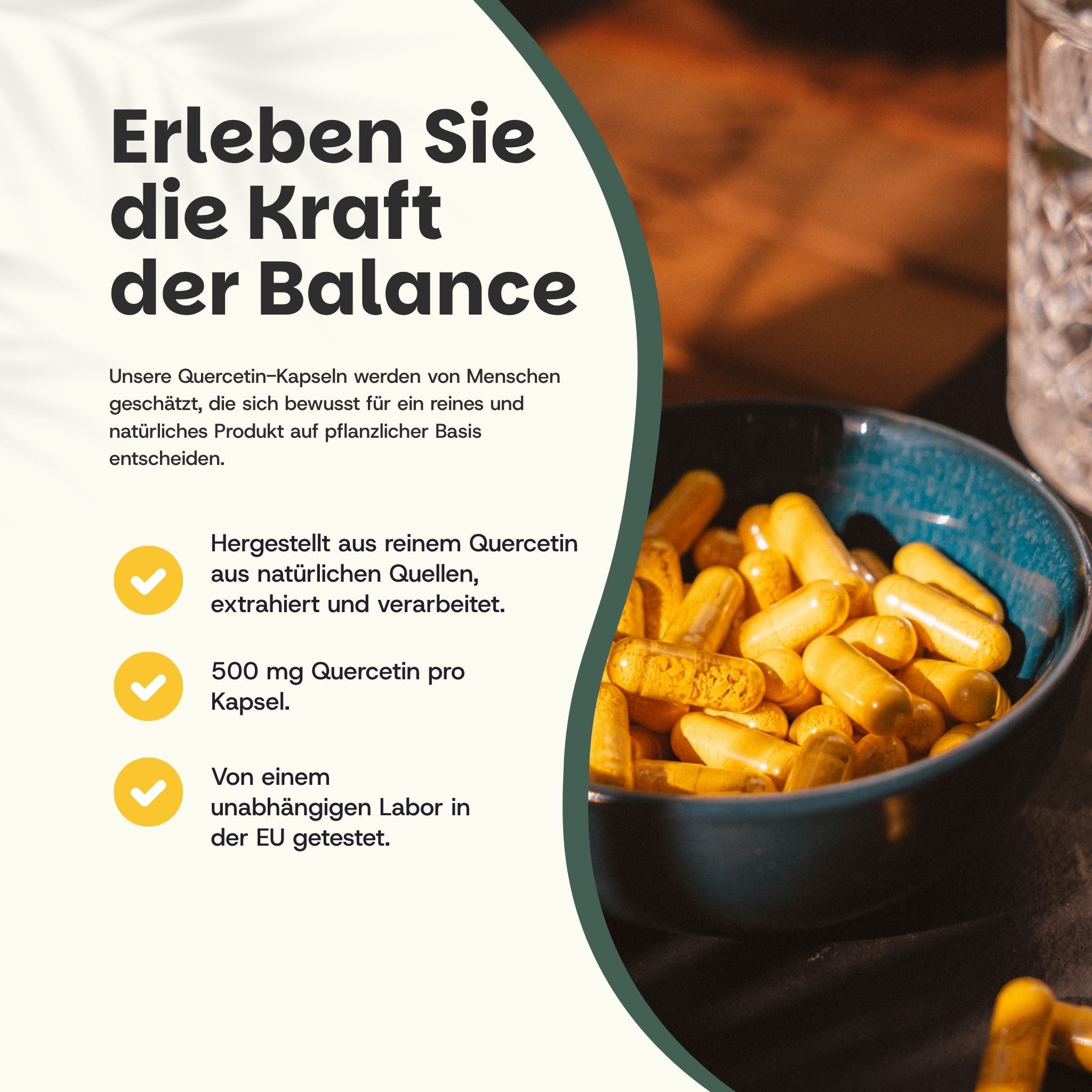 Gelbe Kapseln in einer blauen Schale. Text: 500 mg Quercetin pro Kapsel.