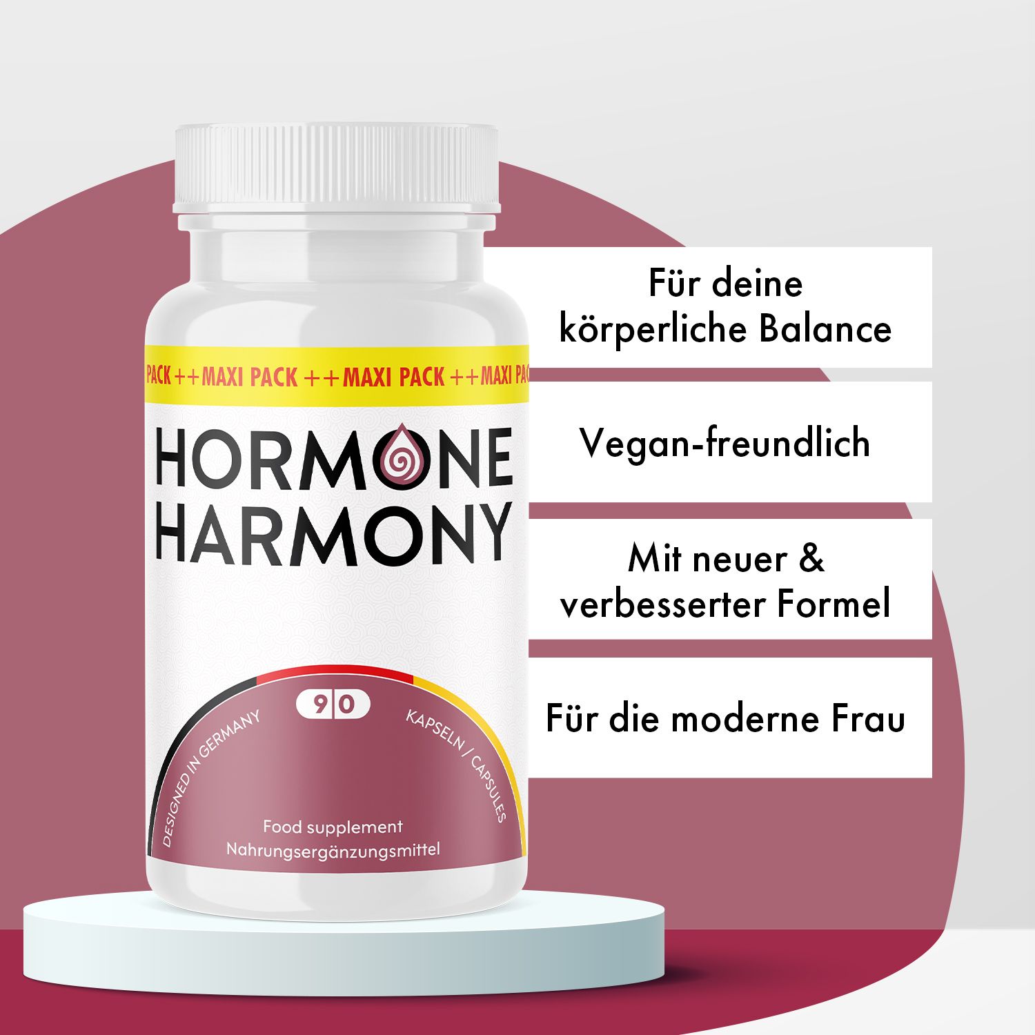 Weiße Flasche mit Kapseln. Aufschrift: Hormone Harmony, 90 Kapseln. Textfelder: Balance, vegan, neue Formel, für die Frau.