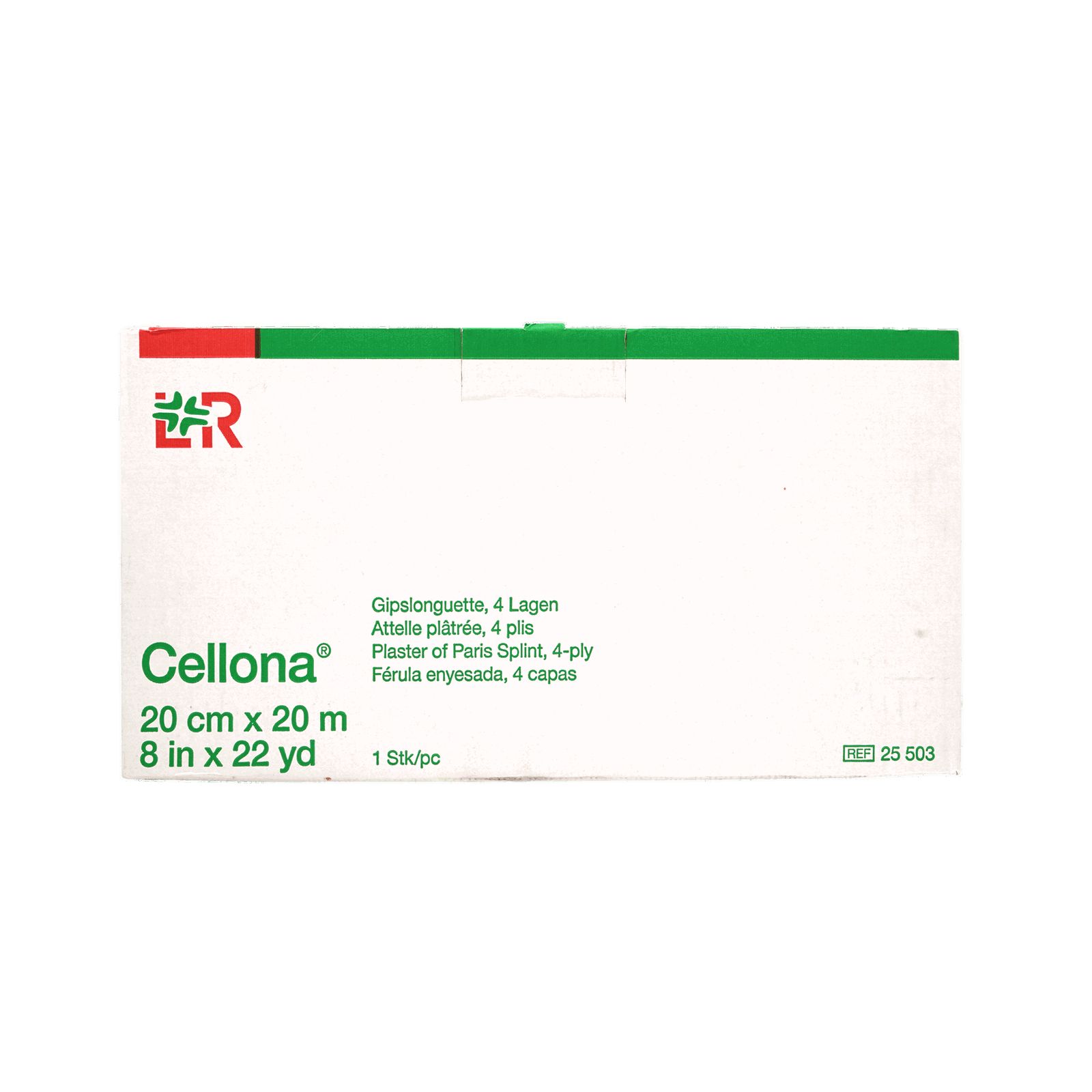 Cellona Gipslonguetten-Verpackung. Weiß mit grünen und roten Akzenten. Produktname und Maße sind deutlich sichtbar.