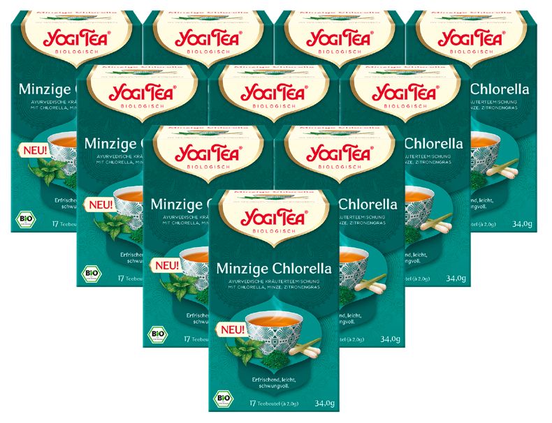 Mehrere Packungen Yogi Tea Minzige Chlorella Bio Kräutertee. Grün-weiße Verpackung mit Logo und Produktbezeichnung. Bio-Siegel.