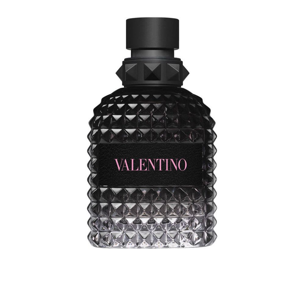 Schwarze Valentino-Parfümflasche. Flasche mit pyramidenförmigem Muster. Produktname: Valentino.