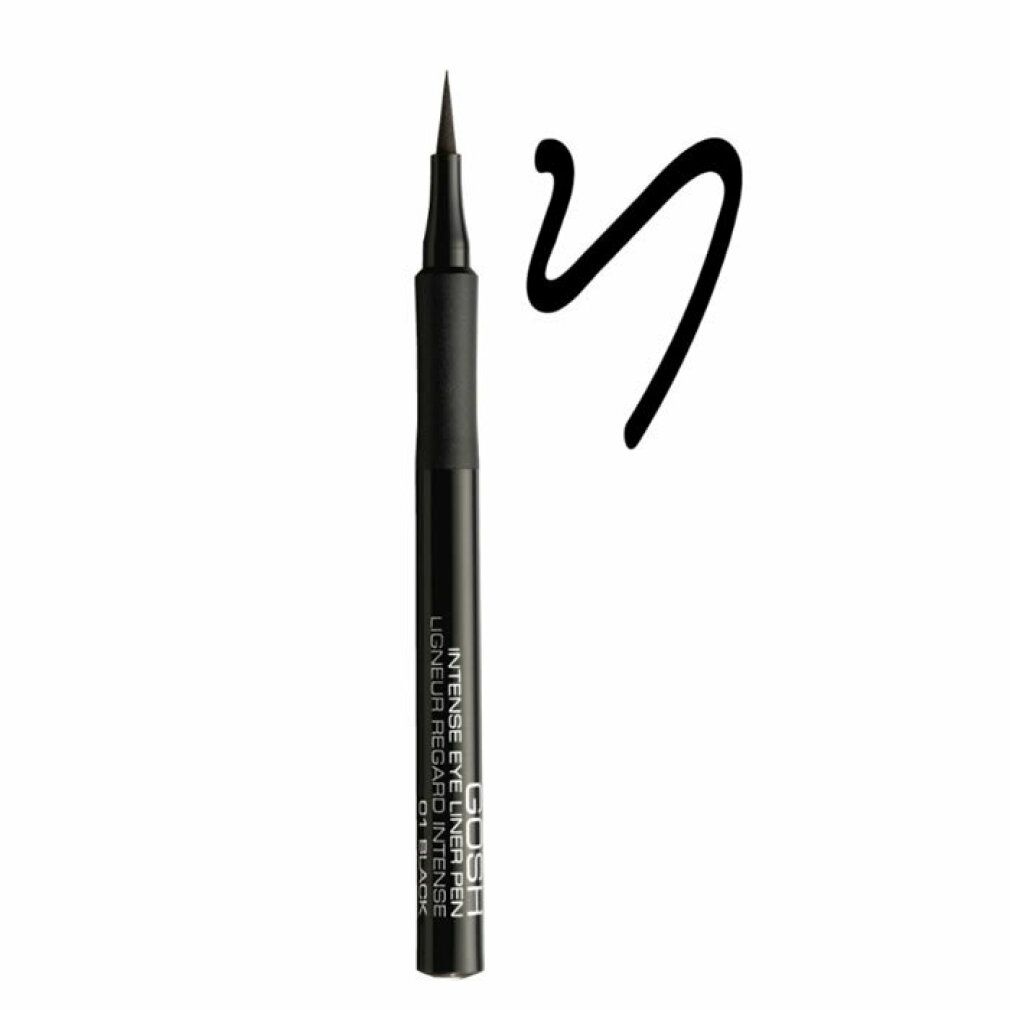 Schwarzer Eyeliner-Stift und schwarzer Strich. Aufschrift: GOSH INTENSE EYE LINER PEN 01 BLACK.