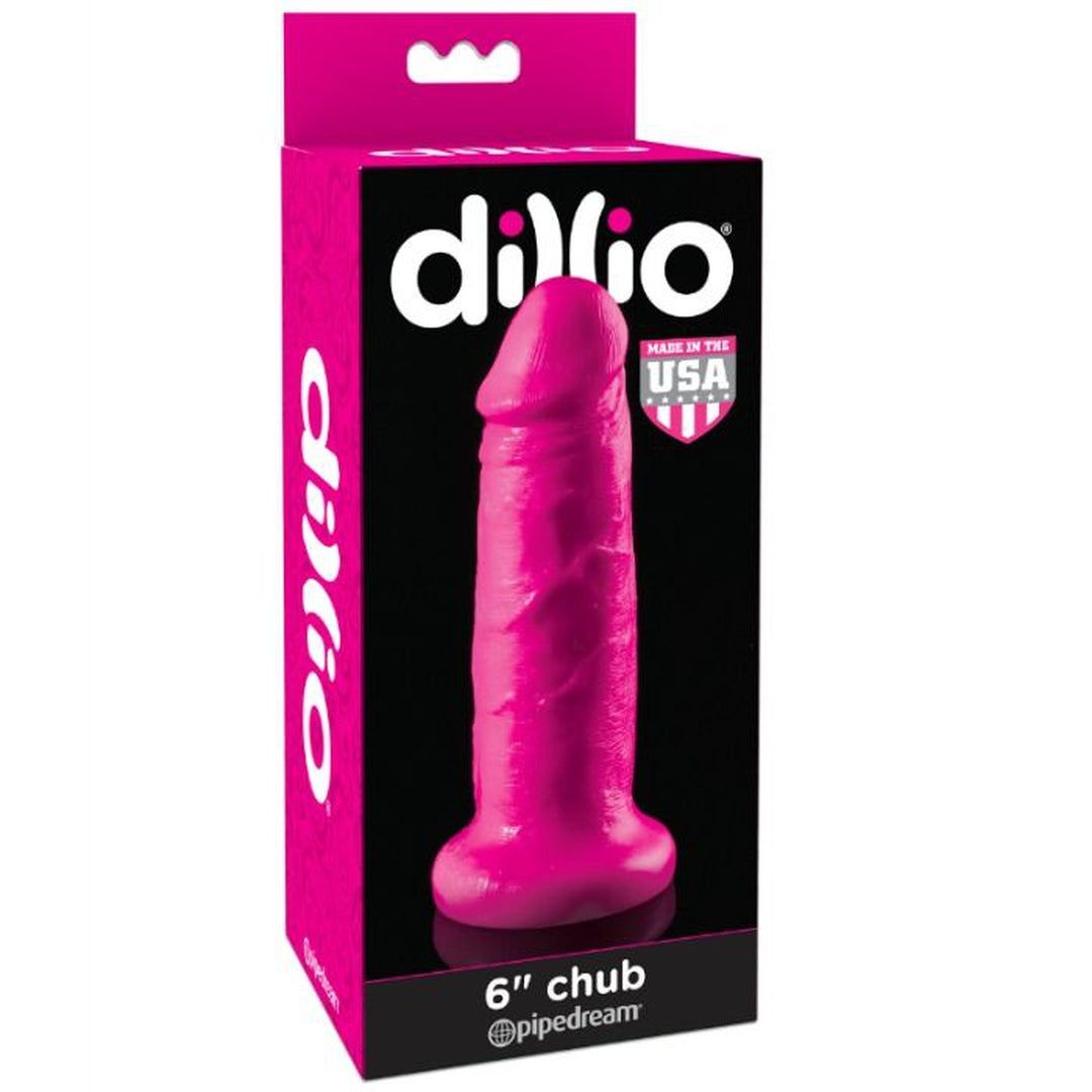 Verpackung mit pinkfarbenem Dildo. Marke Dillio, Aufschrift 6" chub. Made in USA.