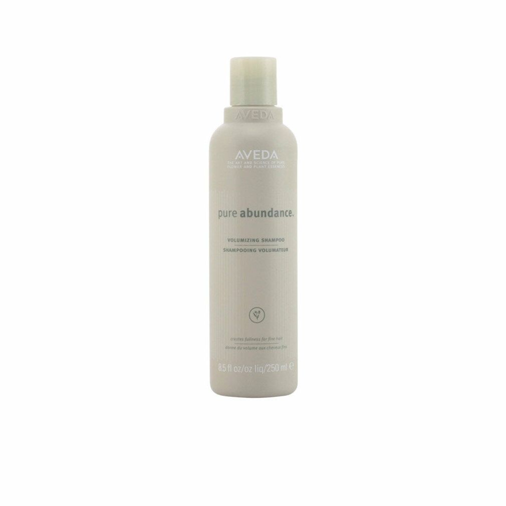 Beige Shampoo-Flasche mit weißem Deckel. Aufschrift: Aveda, Pure Abundance, volumizzante per capelli. 250ml.