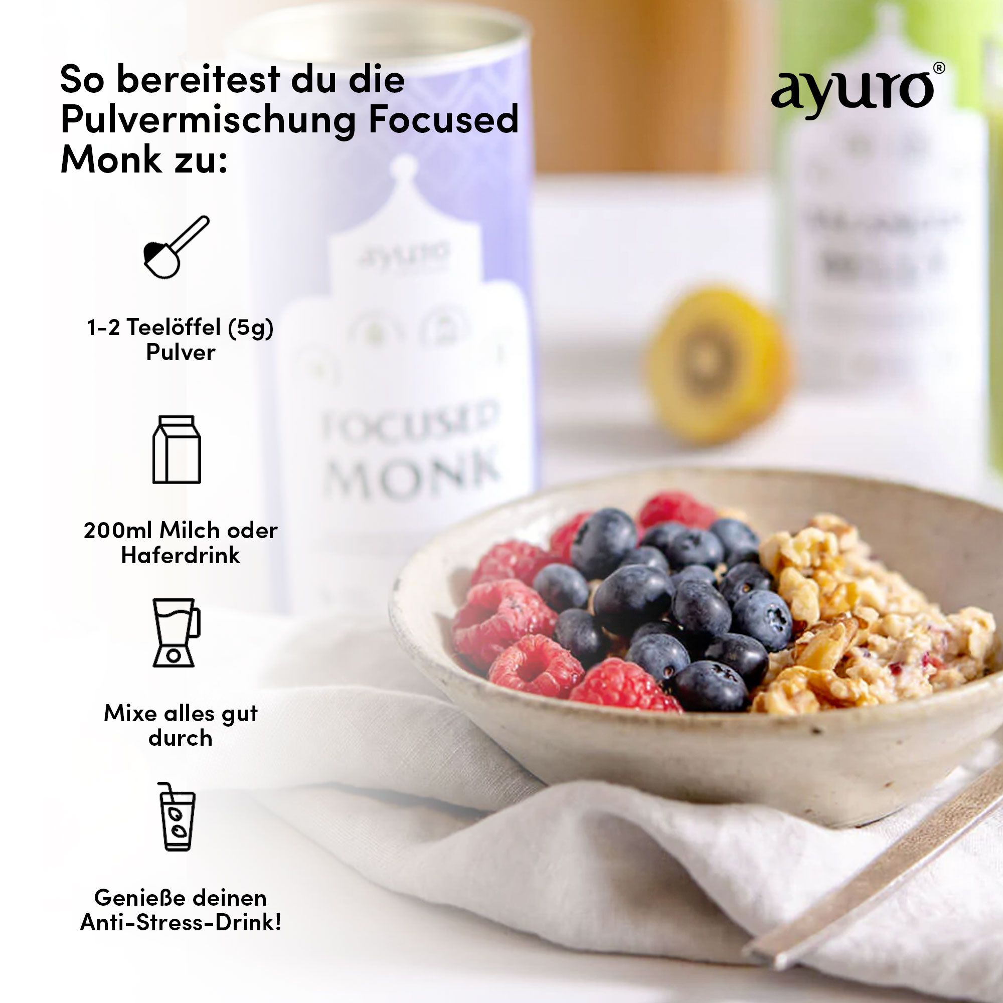 Anleitung zur Zubereitung von Focused Monk. Zutaten: Pulver, Milch, Beeren, Nüsse. Illustrationen. Anti-Stress-Drink.