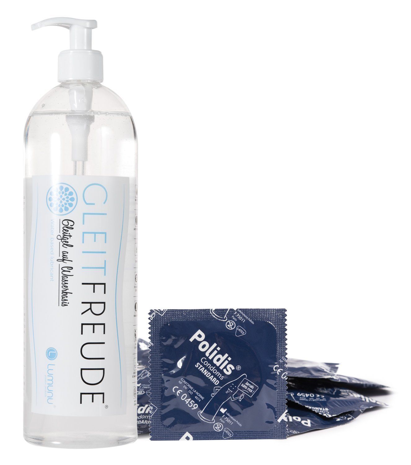 Lumunu Kondom Bundle inkl. 100er Beutel Polidis Kondome & Aqua Gleitgel Gleitfreude (1 Liter)